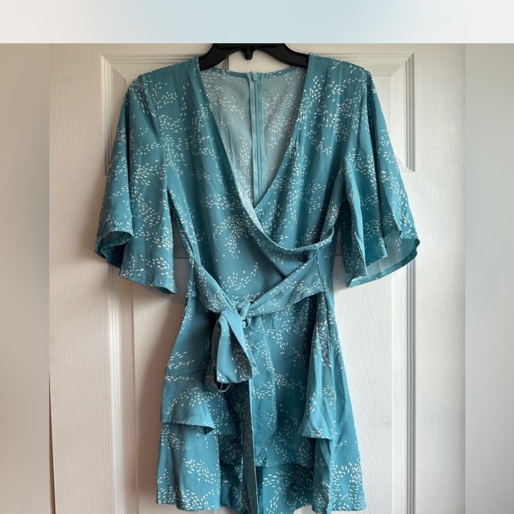 Teal Wrap Dress with White Pattern
